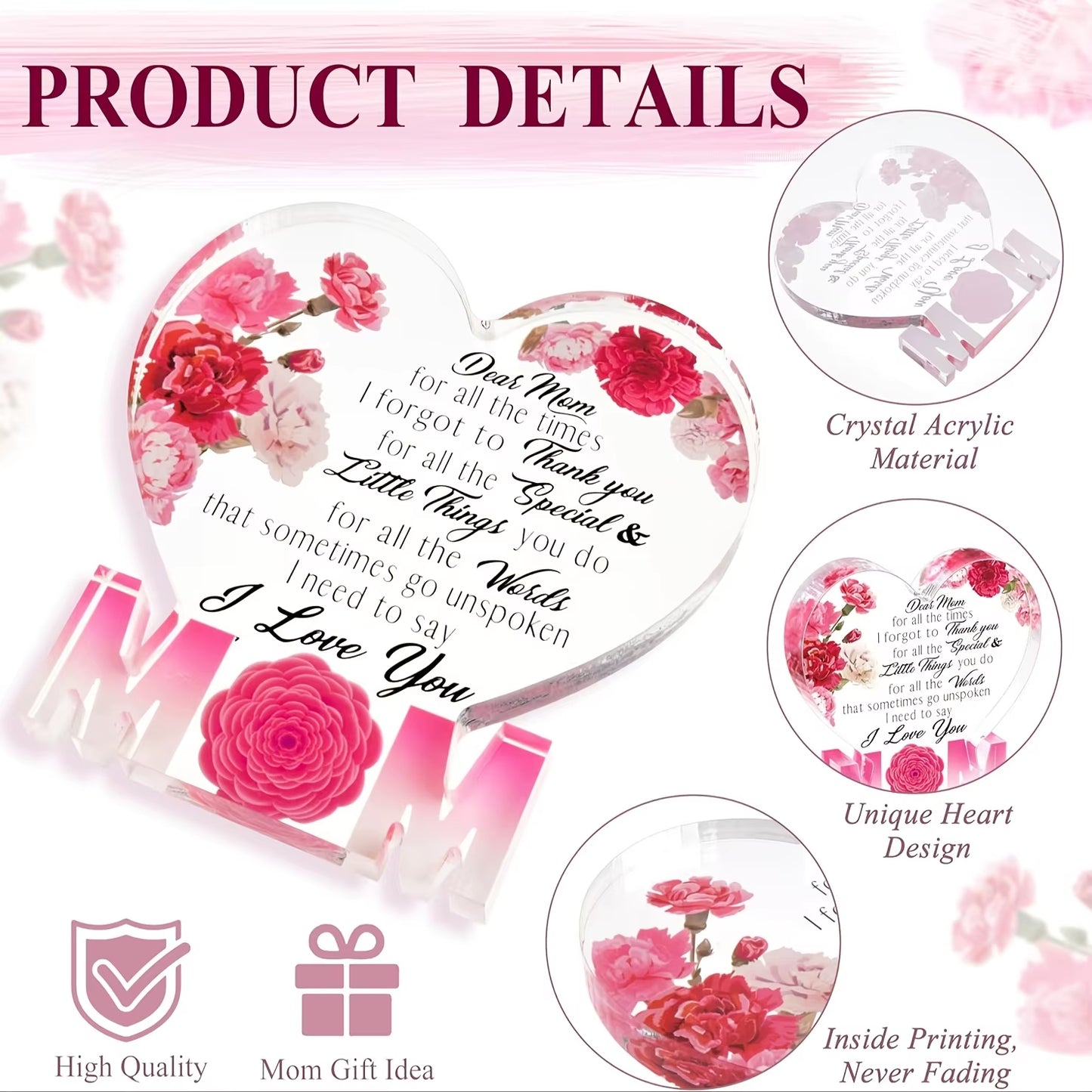 Gifts for Mom Birthday Gifts for Mom from Daughter Son Delicate Carnation Acrylic Heart Plaque Mom Present Thanksgiving