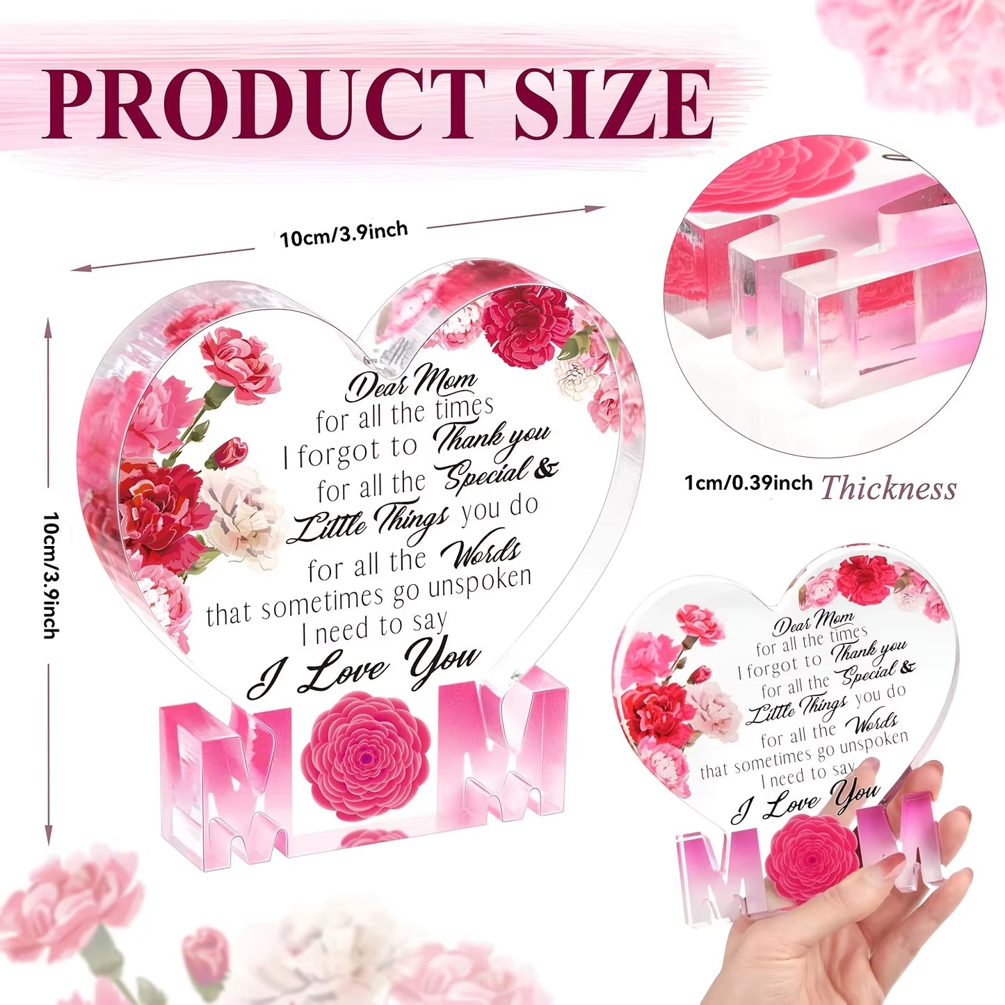 Gifts for Mom Birthday Gifts for Mom from Daughter Son Delicate Carnation Acrylic Heart Plaque Mom Present Thanksgiving