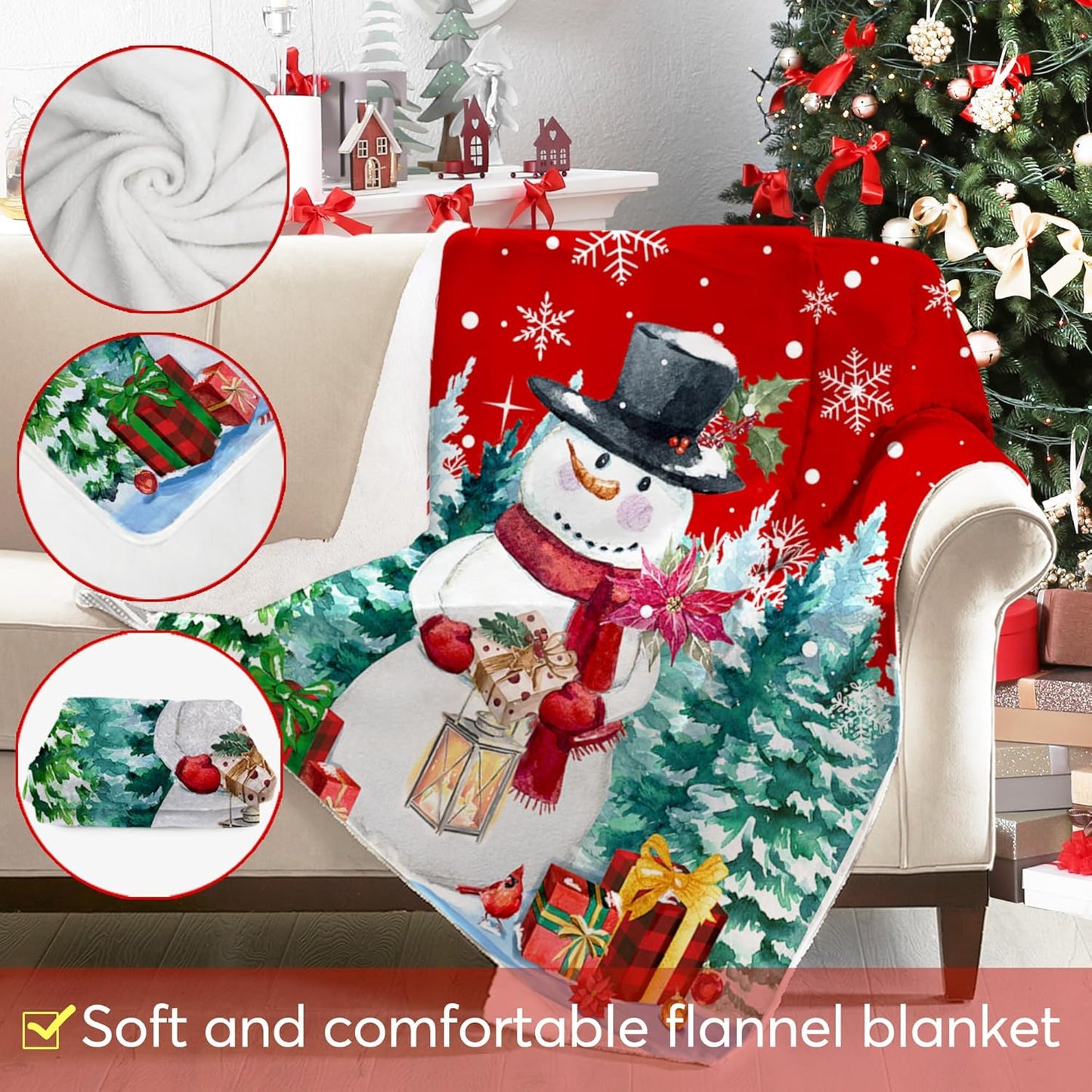 Christmas Blanket, Snowman Christmas Throw Blanket, Xmas Decorations for Home, Soft Red Snowman Blankets 50" X 60"