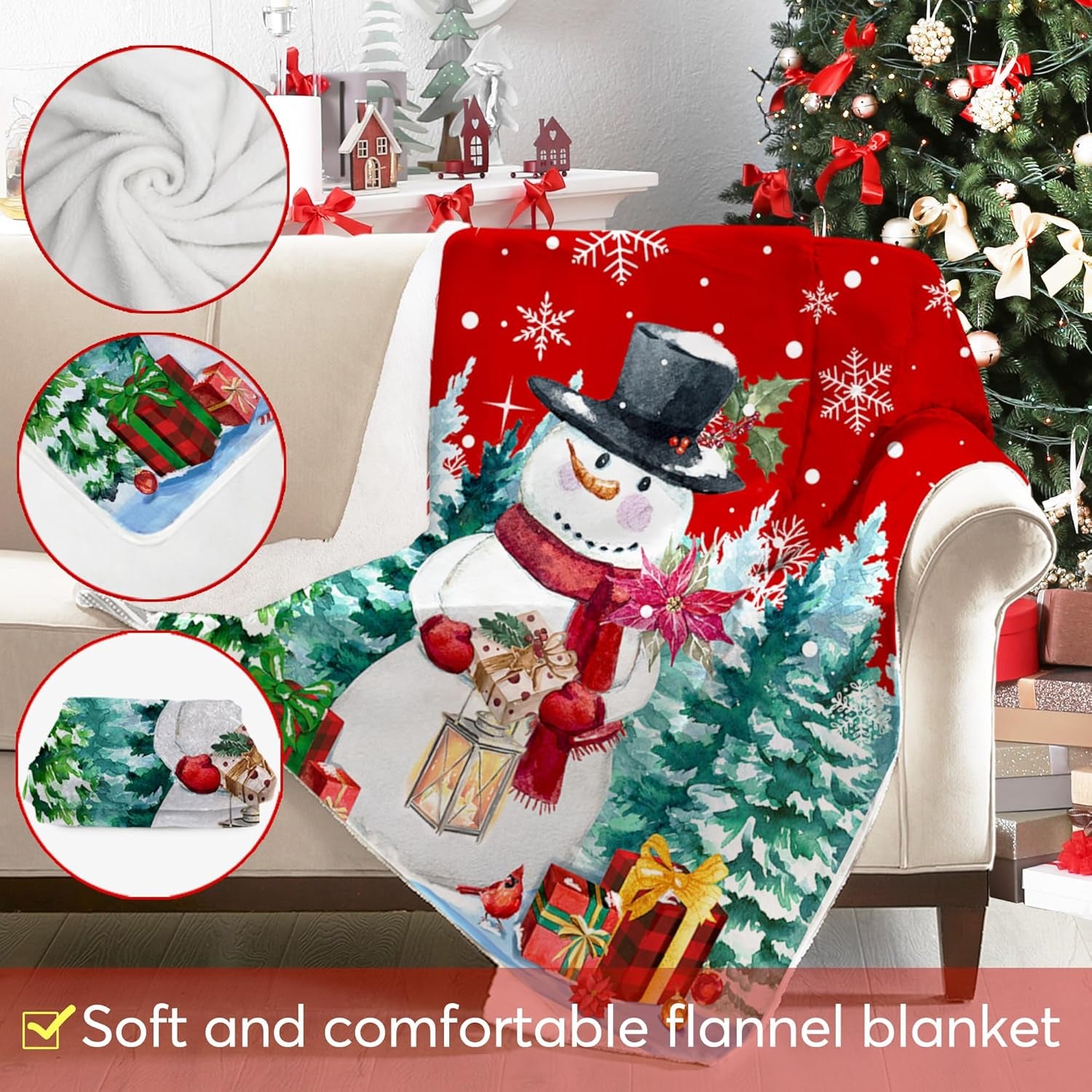 Christmas Blanket, Snowman Christmas Throw Blanket, Xmas Decorations for Home, Soft Red Snowman Blankets 50" X 60"