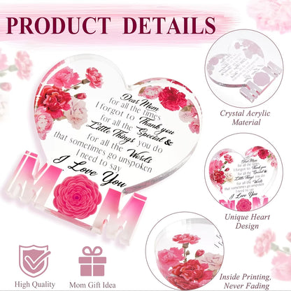 Gifts for Mom Birthday Gifts for Mom from Daughter Son Delicate Carnation Acrylic Heart Plaque Mom Present Thanksgiving