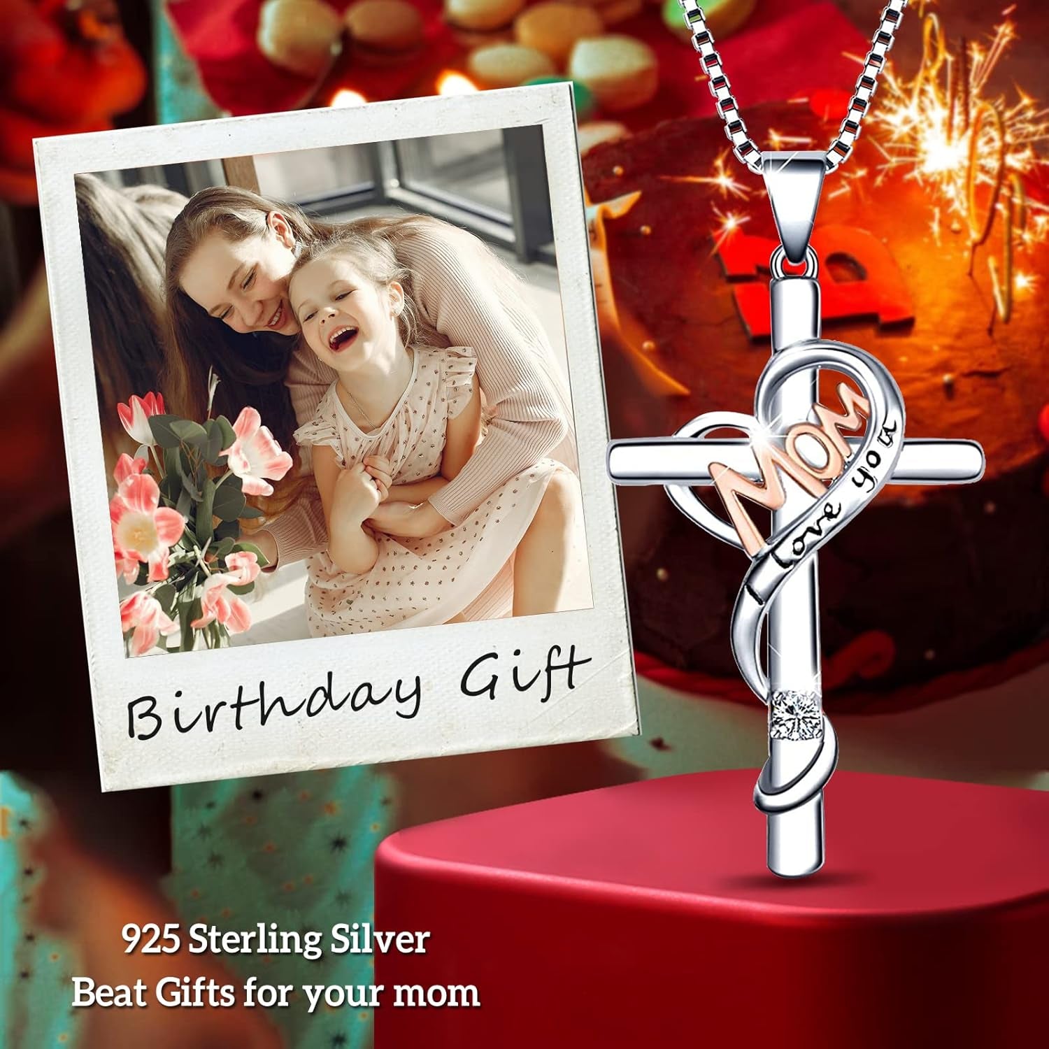 Gifts for Mom from Daughter Cross Jewelry for Mom Sterling Silver Birthstone Necklaces for Mom Birthday Gifts for Mom from Daughter Happy Birthday Mom Best Gifts from Son