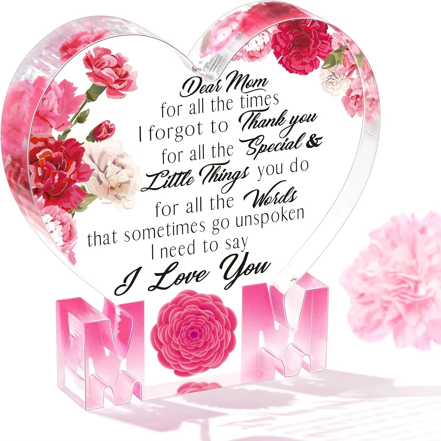 Gifts for Mom Birthday Gifts for Mom from Daughter Son Delicate Carnation Acrylic Heart Plaque Mom Present Thanksgiving