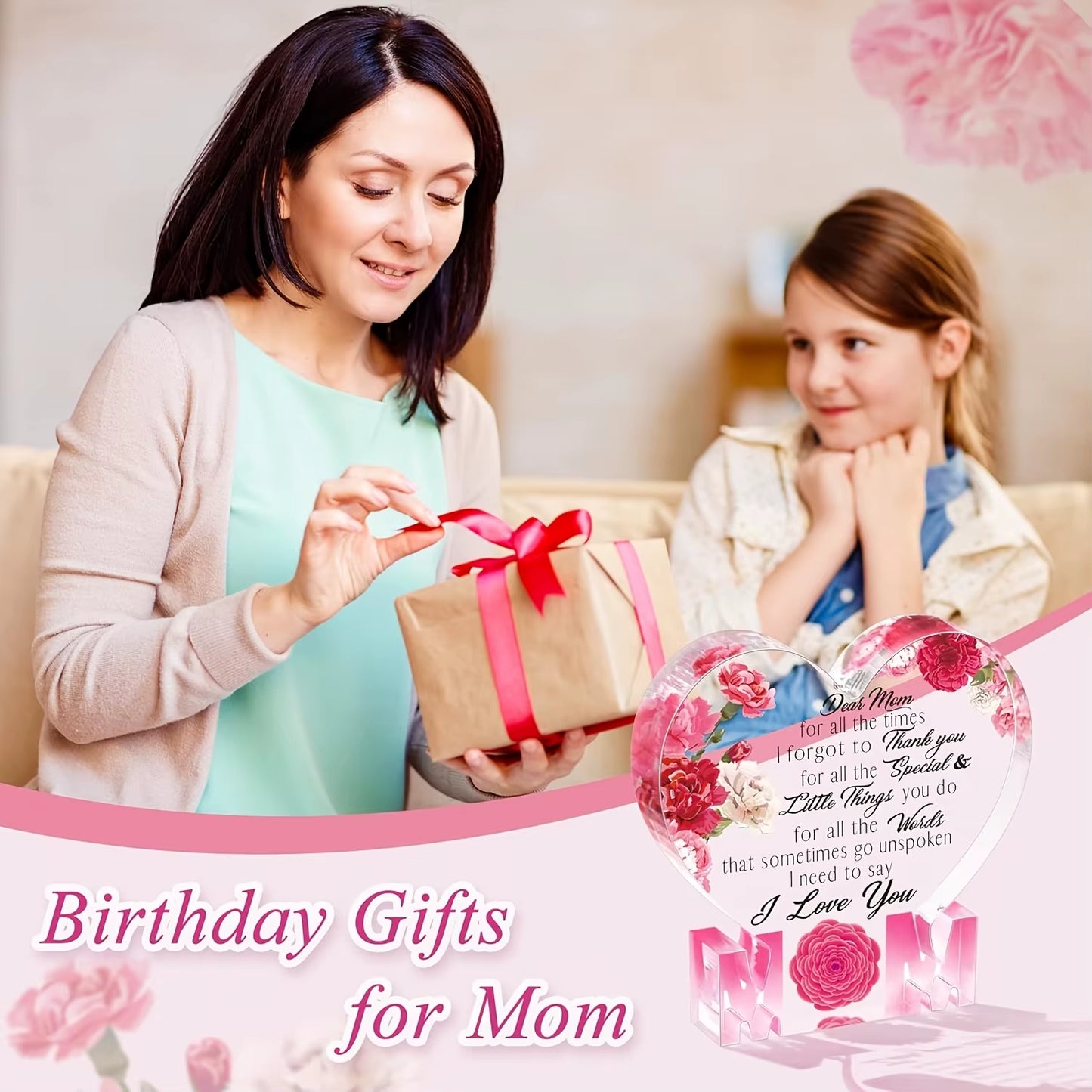 Gifts for Mom Birthday Gifts for Mom from Daughter Son Delicate Carnation Acrylic Heart Plaque Mom Present Thanksgiving