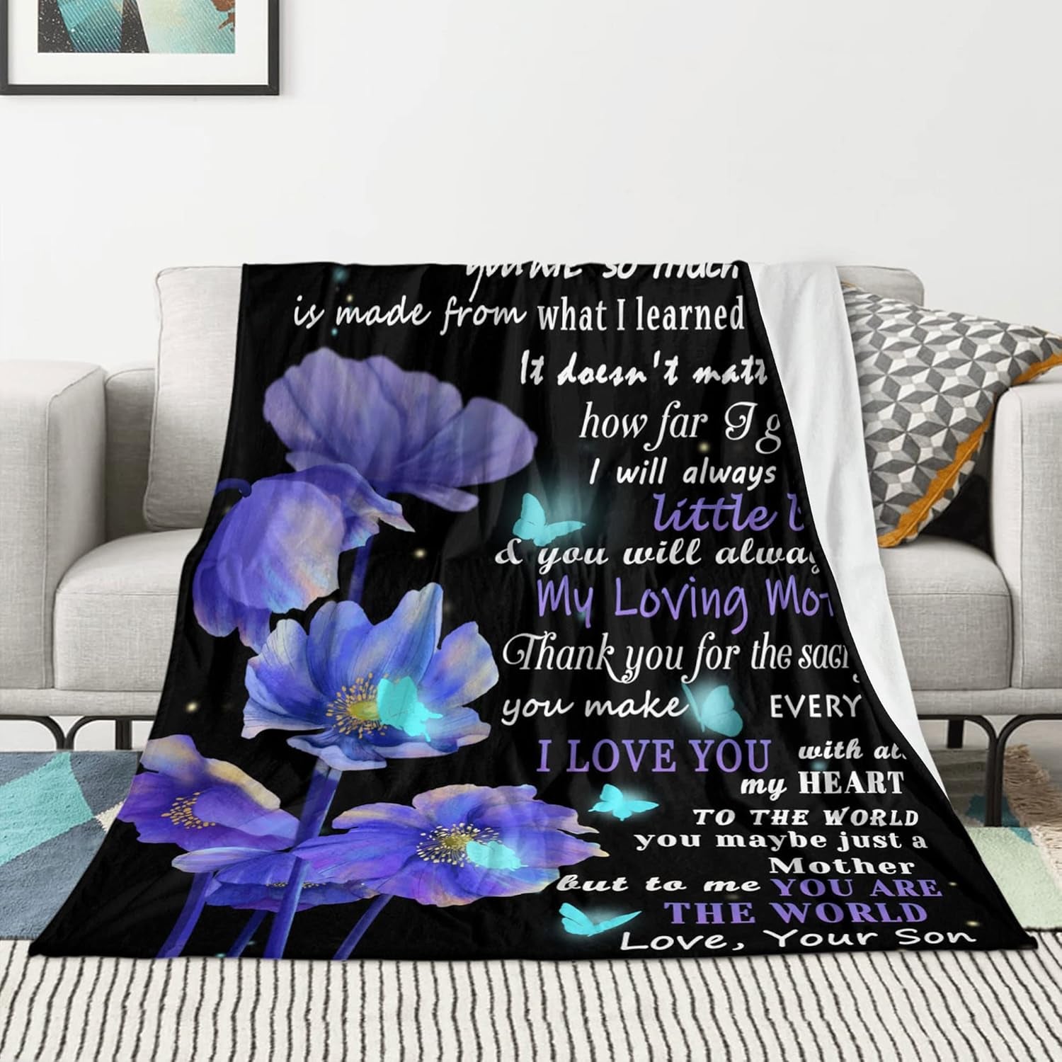 Personalized Soft Flannel Throw Blanket for Mom from Son - Butterfly Custom 50"X60" - Christmas, Thanksgiving, Birthday Gifts