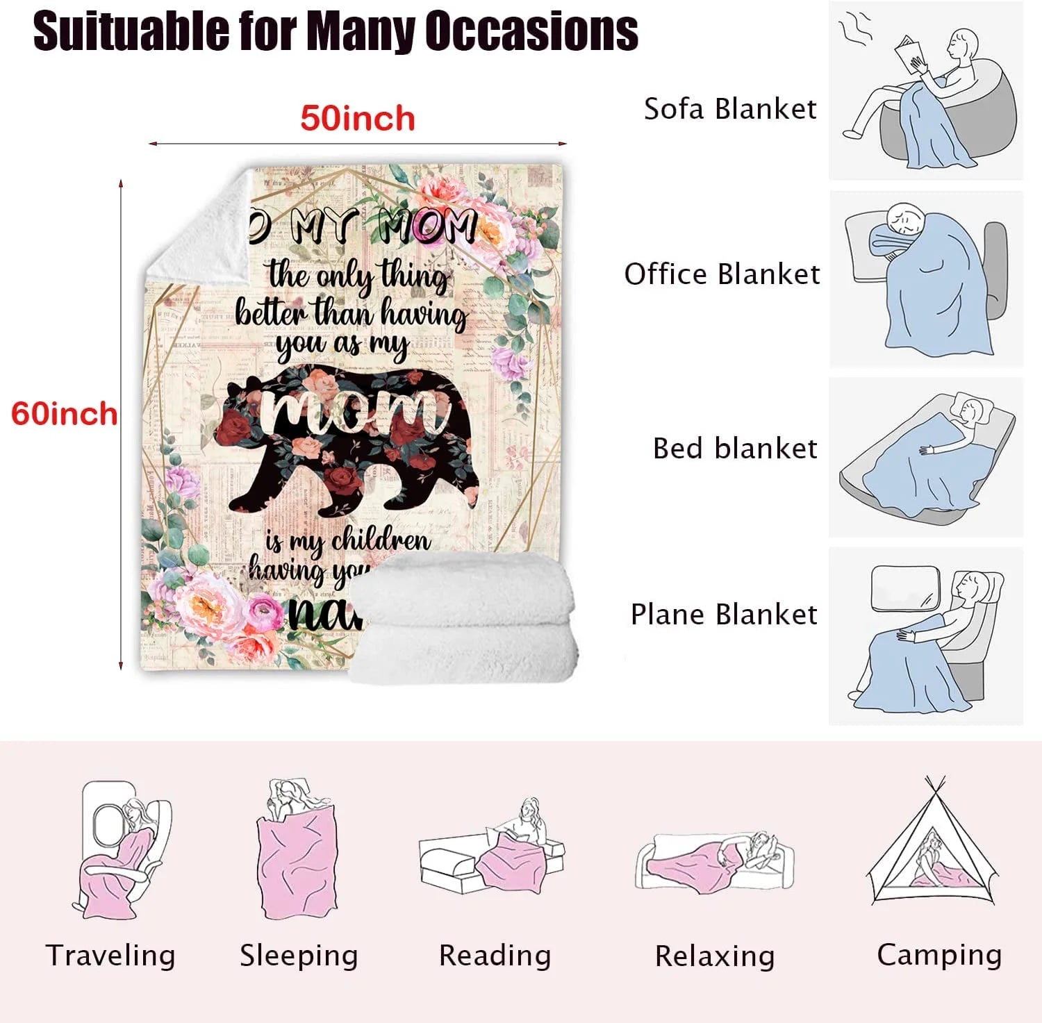 Mom Gifts,Gifts for Mom, Mom Birthday Gifts,To My Mom Blanket,Christmas Day Gifts for Mom, Mom Birthday Gifts from Daughter Son,Soft Throw Blanket-50 × 60"